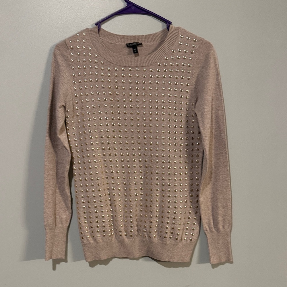 Express Taupe Studded Crew Neck Sweater